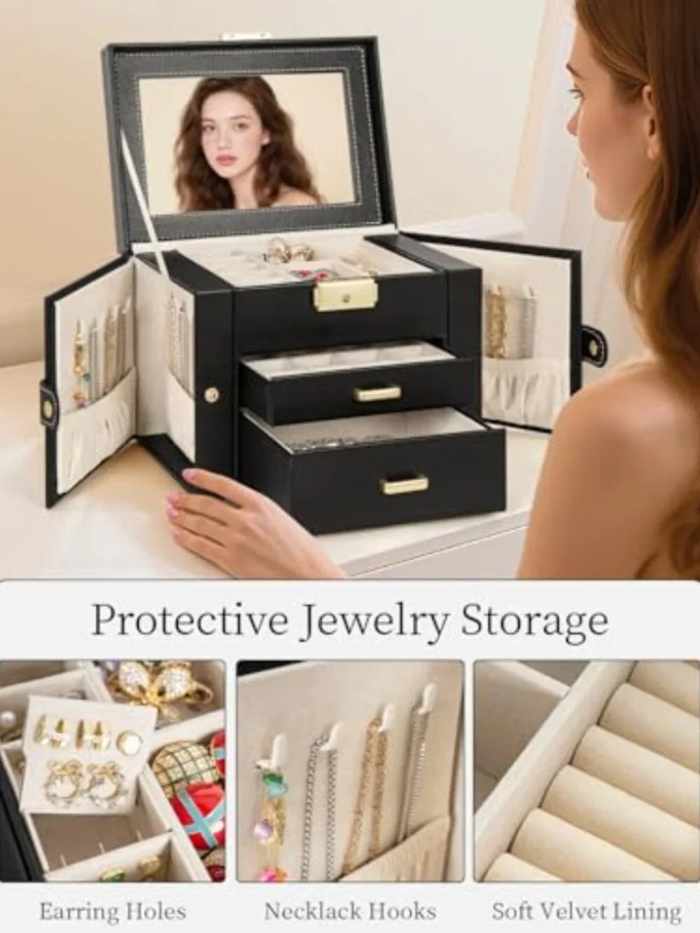Jewelry Organizer with Mirror & Lock, 3-Tier‎ Jewelry Storage
